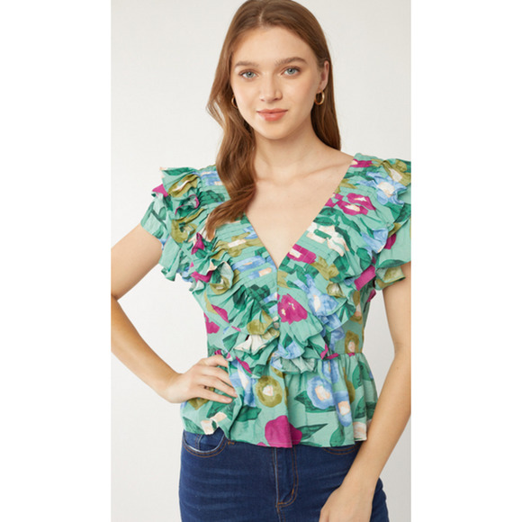 ENTRO Floral Peplum Top with Ruffled Sleeves, Size Medium - Picture 4 of 10